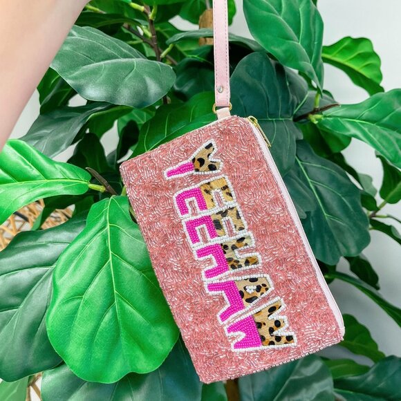Beaded Yee Haw Cowgirl Western Pink Leopard Money Makeup Lipstick Wristlet Bag - Picture 1 of 4